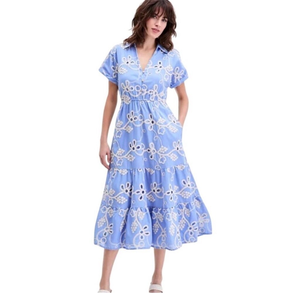 Sam Edelman Light Blue and White Eyelet Midi‎ Dress Size 10